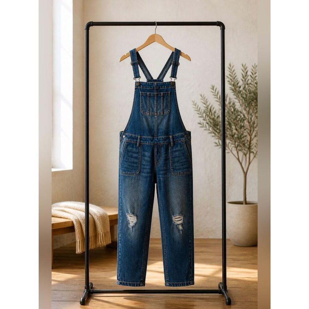 Indigo Blue Maternity Distressed Denim Overalls Size M